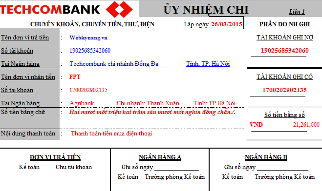 mẫu ủy nhiệm chi ngân hàng techcombank