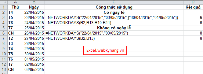 tính số ngày làm việc trong excel hàm networkdays