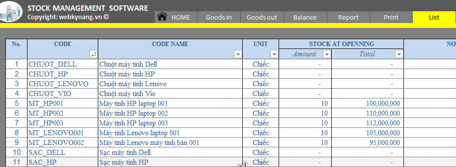 list of items in stock managment worksheet